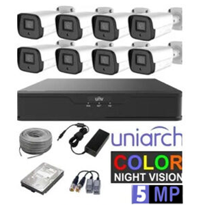 UNIARCH KIT 5MP COLOR NIGHT VISION 8 Bullet/Dome cameras, HDD1 TB, 305M Cables, Baluns and Waterproof power adaptors