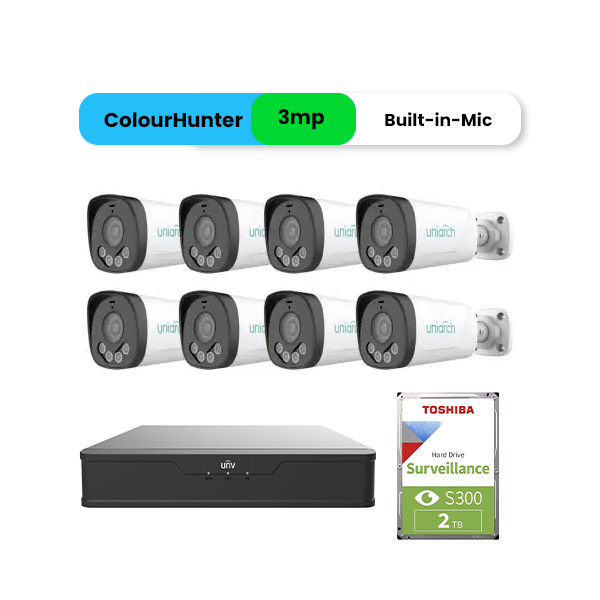 UNV/UNIARCH Kit IP 3MP Dual Light  Color Night 8ch 2TB Harddisk  with Integrated Mic