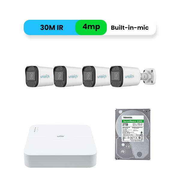 UNV 4MP IP Kit 4 Mini Bullet Camera with Built-in-Mic & 4 Channel 4K PoE NVR