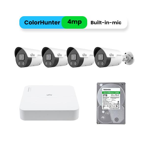 UNV 4MP IP Kit 4 Color Hunter Mini Bullet Camera & 4 Channel 4K PoE NVR