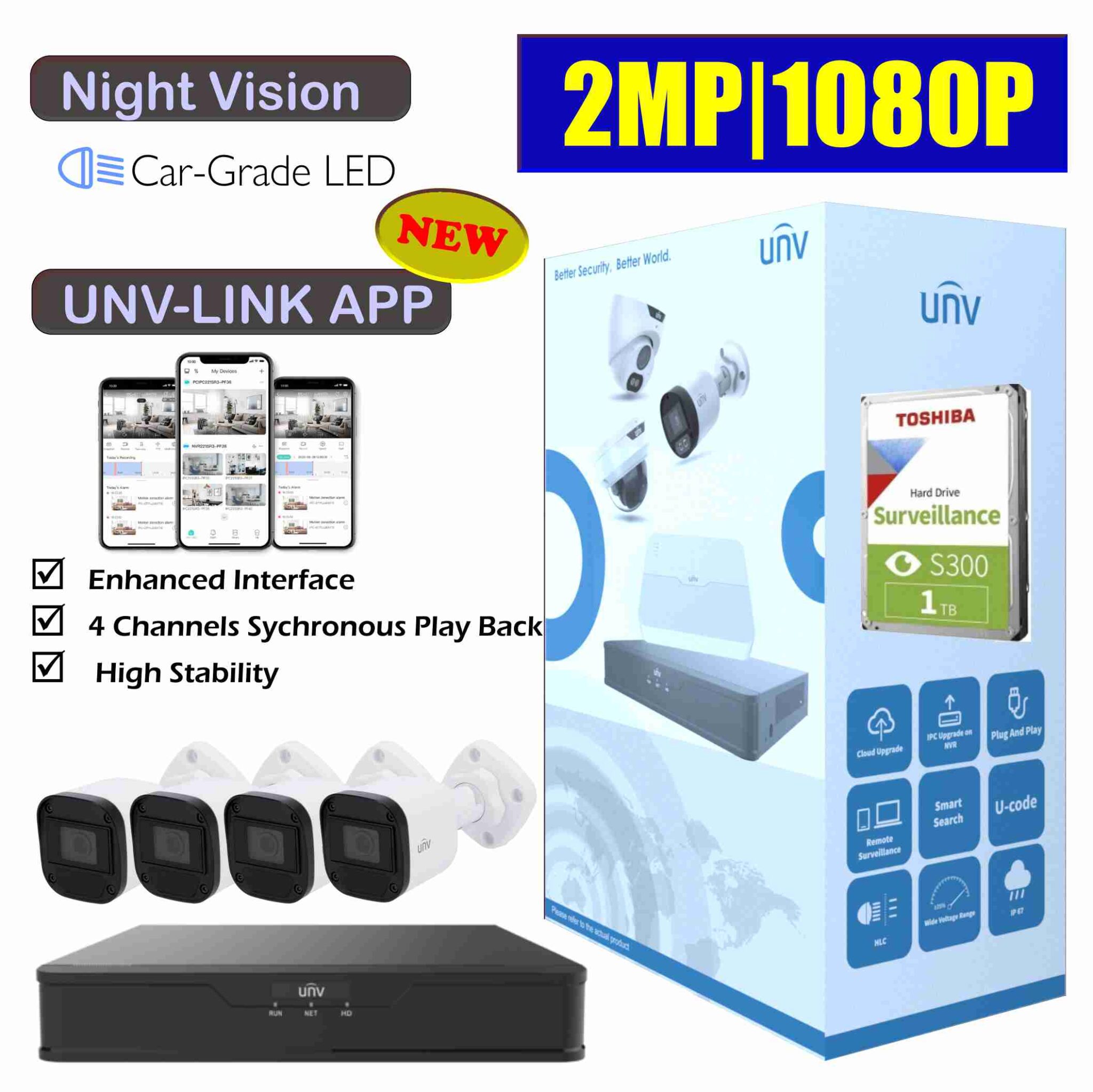 UNV AHD 2MP 20M IR Kit  4 Cameras 6 Channel