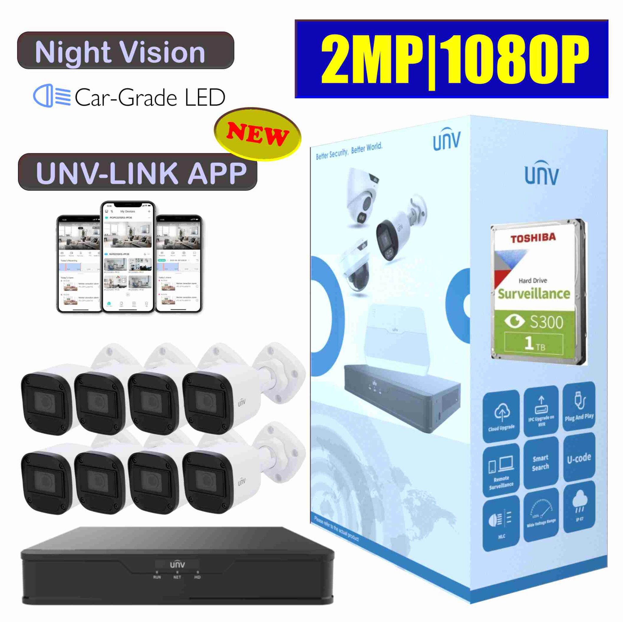 UNV AHD 2MP 20M IR Kit  8 Cameras 12 Channel