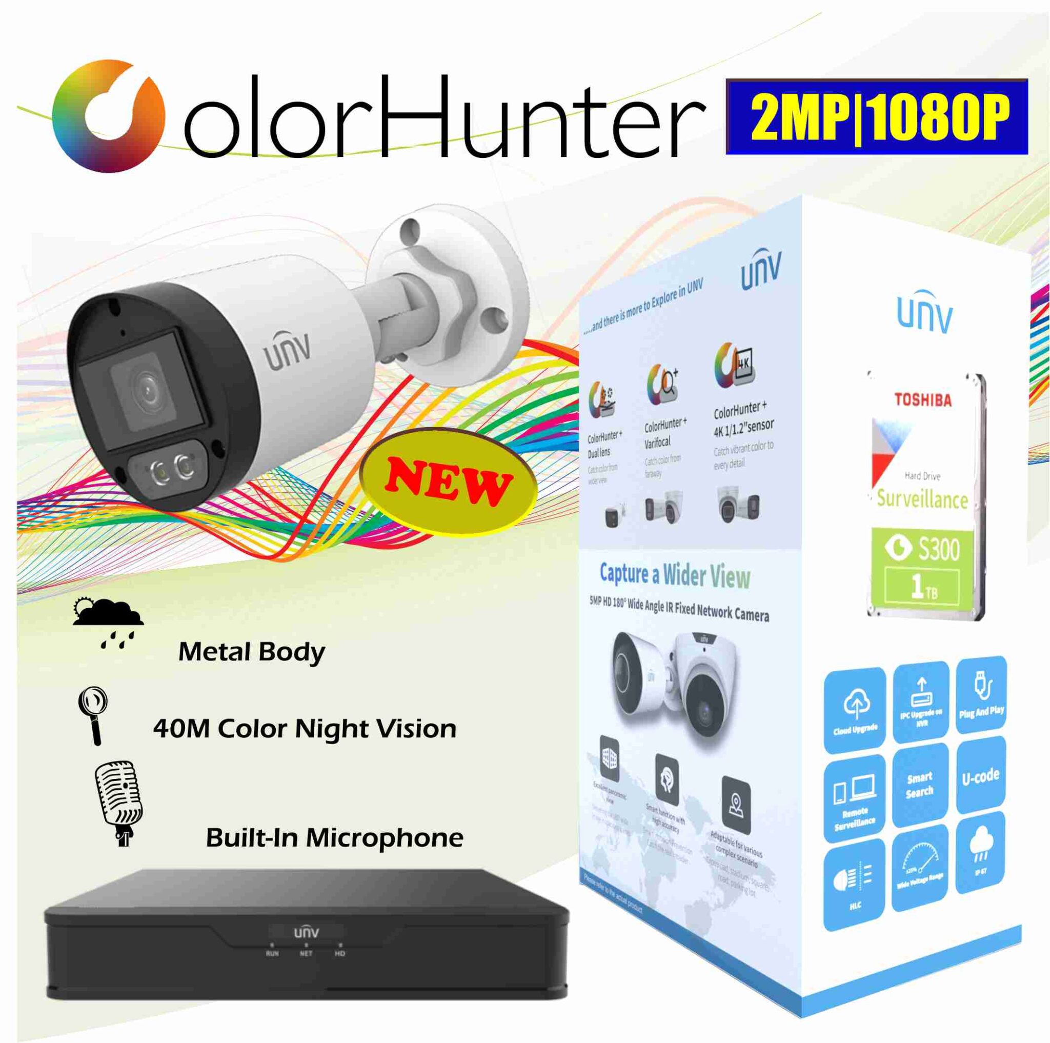 UNV AHD KIT 2MP 40M COLOR NIGHT 4 CAMERAS 6 CHANNEL (With Built In Mic)