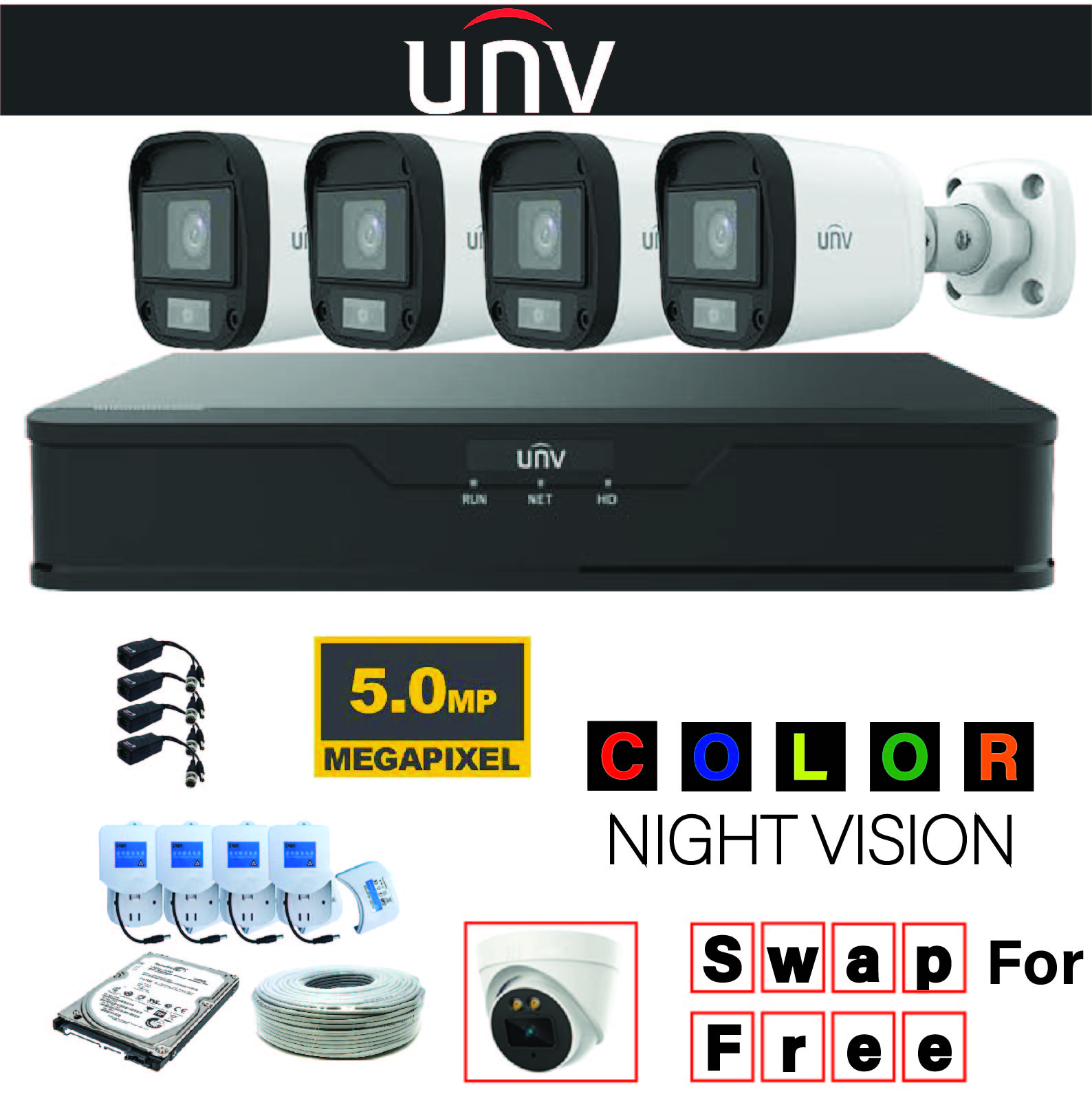 UNV KIT 5MP COLOR NIGHT VISION 4 Bullet cameras, HDD1 TB,  Baluns and Power Pack